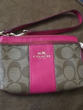 COACH Brown Signature Canvas Wristlet with Pink Leather Trim